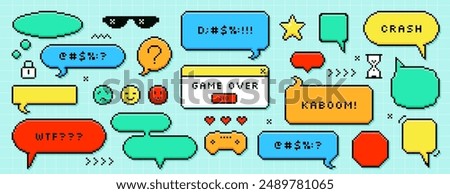 Set of color pixel dialogue boxes different shape. Chat speech bubbles, message frames, dialogue balloons with swear words in 8bit retro style. Pixelated game over, kaboom text, smile or heart sticker