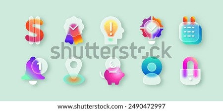 UI icons with matte glassmorphism effect. Transparent frosted glass morphism money sign, pin, human head, security lock, calendar, person user or business solution blur gradient buttons for mobile app