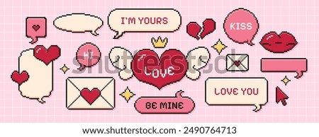 Set of pixel speech bubbles, heart with wings, red lips, dialogue boxes different shapes. Chat message frames and cute love sticker in 8bit retro style. Pixelated email envelope, valentine's day icons