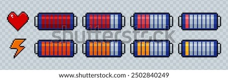 Set of pixel battery charge indicator icons. Phone charging levels in 8bit retro style. Pixelated batteries, love hearts or lightning symbol. Full power and low energy status on transparent background