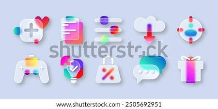 Transparent matte glass morphism ui icon set with blur neon gradient of business strategy, gamepad, social chat, gift box, shopping bag. 3d frosted buttons, mobile app icons with glassmorphism effect.