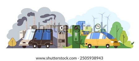 Electric car vs petrol auto. Green energy transition. Vehicle charge at ev charging station versus fill up with gasoline on petrol gas point. Pollution environment and save ecology. Reduce emissions.