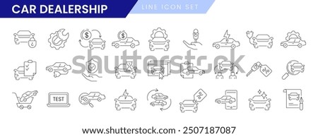 Auto sale dealership thin line icon set. Car dealers, automotive industry, vehicle trade center or store salon linear symbols. Rental service, repair, purchase agreement and transportation insurance