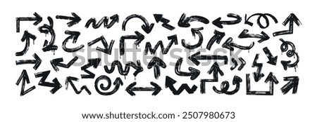 Hand drawn rough arrows different shapes on white background. Black bold brush stroke spiral, curly and straight arrow vector set. Direction graphic design elements and quote brackets in grunge style.