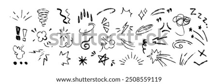 Line movement elements. Hand drawn chalk doodle expression signs, lines, sunburst, emphasis, sparkle ray, wind or exclamation marks. Charcoal pencil emotion effect decoration icons, anime manga sparks