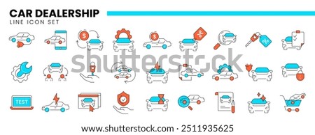 Auto dealership thin line icon set of car dealer, automotive industry, rental service or vehicle trade center. Linear symbols of repair, maintenance, transportation insurance, exchange or buy new cars