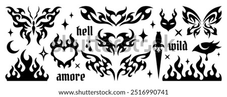 Y2k gothic tattoo sticker set. Neo tribal ornaments, trendy emo hand drawn butterfly, fire flame, burning heart, graffiti lettering. Neotribal black goth aesthetic icons, cyber sigilism design element