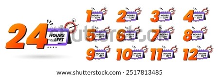 Urgency countdown timer numbers of day left. Sticker limited hours to go on white background. Last offer badge with calendar and clock icons for promotion, discount, hot sales. Set number from 1 to 12