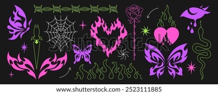 Y2k gothic tattoo sticker set. Neo tribal aesthetic icons, emo hand drawn butterfly, fire flame, burning heart, barbed wire and woman crying eye. Neotribal goth ornaments, cyber sigil design elements