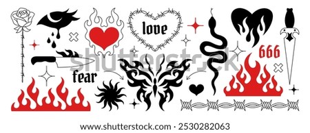 Y2k gothic tattoo sticker set. Neo tribal art elements, trendy goth emo butterfly, fire flame, burning heart, barbed wire, rose flower and tears. Hand drawn neotribal black and red cyber sigilism icon