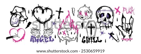 Spray paint graffiti element set. Street art gothic skull head, pierced heart, barbed wire, mouth with tongue, coffin with cross. Grunge ink stickers, hand gesture, trippy funny flaming melting smiles