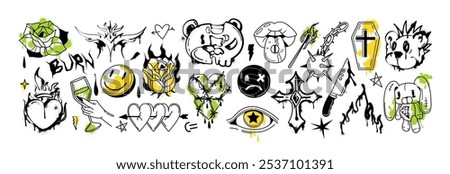 Spray paint graffiti elements, y2k gothic tattoo set. Street art ink burning heart, broken bear head, smile face emoji, fire flame and open mouth with tongue. Urban grunge rock stickers with splatters