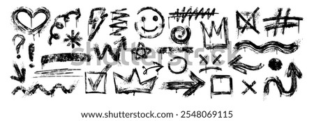 Hand drawn brush elements, abstract scribbles, underline, arrows, wavy lines, king crown and smiles. Set of doodle black grunge stroke squares, lightning bolt, rough marks, checkmark in graffiti style