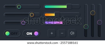 Vector set of scroll bar icons, sliders, scrollbar volume. Grey ui controls web elements for website, app user interface or internet page. Brightness controller, turn on and off toggle switch buttons