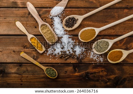 Variation of spices on spoons, product photo, simple composition
