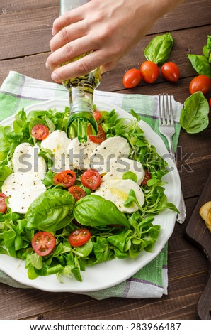 Lamb\'s lettuce salad with mozzarella, tomato and basil, topped with olive oil and herbs