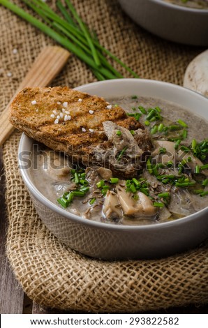Mushroom soup with chive and herbs, bio healthy whole-grain toast