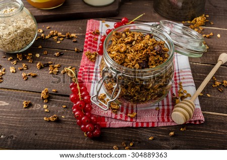 Domestic granola, baked with nuts and honey, pieces of dry berries inside.