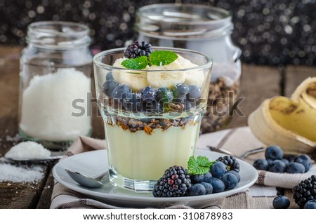 Vanilla pudding with berries and mint on wood desk