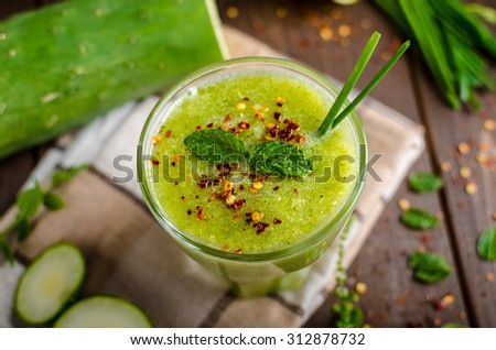 Cucumber smoothie with herbs and chili flakes, sweet and spicy smoothie with mint