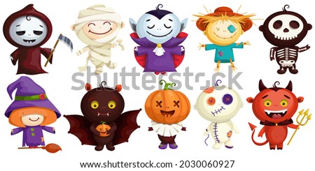 Set of cute characters in Halloween costumes. Cartoon Count Dracula, Witch, Pumpkin, Voodoo Doll, Egyptian Mummy, Bat Mouse, Dead Man, Vkelet, Garden Scarecrow, Scarecrow. Funny Costumed Men for Day o