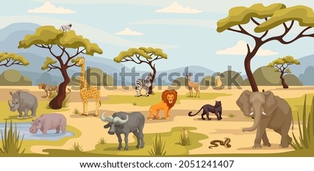 Set of wild animals on the background of the landscape of the African savannah. Reptiles, predators, primates, mammals in a natural, natural environment. Cartoon vector graphics.