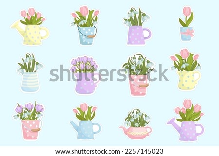 Set of stickers with bouquets of spring flowers tulip,snowdrop,crocus in vintage watering cans,vases.Cartoon vector graphics.