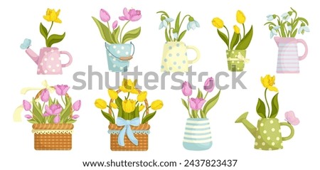 Set of bouquets of spring flowers, tulips, snowdrops in vintage vases, wicker baskets, garden watering cans.Vector graphics.