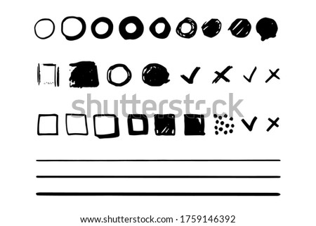 Set of monochrome shapes for diary, bullet journal, notebook, questionnaire . Black design elements - lines, check marks, squares, circles on white isolated background. Pencil drawing effect.