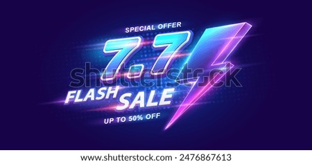 7.7 discount flash sale on blue background. Vector illustration for shopping day, online shopping, special Offer coupon, voucher, banner template, websites, social media advertising.