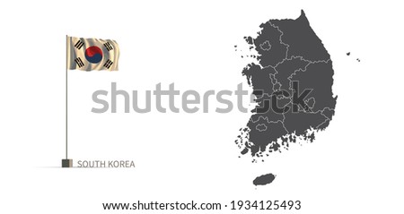 South Korea map. gray national vector map, and flag 3d illustration.