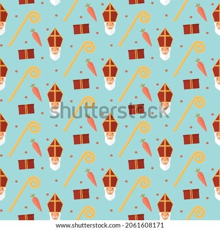 seamless pattern Sinterklaas present stick staff carrot on blue background Dutch holiday vector wallpaper textile giftwrap