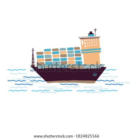 Loaded container ship icon nautical clipart.  Import export shipping logo. Isolated color illustrations with sea wave. Logistics, maritime industry or cargo freight forwarding box vessel port.