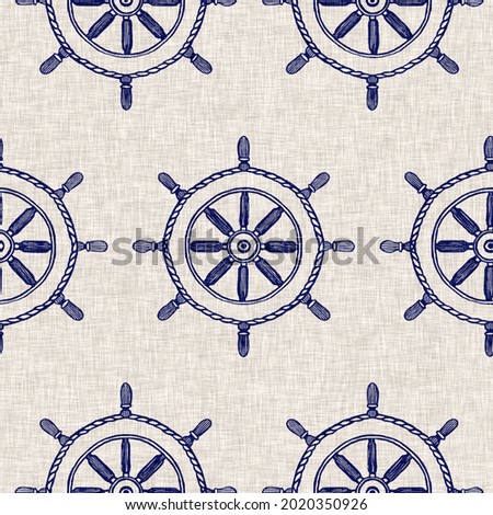Coastal steering wheel ship linen pattern design. Indigo blue on ecru jute fabric effect. Nautical beachy coastal living farmhouse style. Seamless repeat with fabric effect. High resolution swatch
 Zdjęcia stock © 