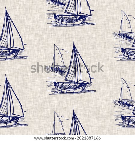 Coastal sailboat linen pattern design. Indigo blue on ecru jute fabric effect. For nautical beachy coastal living farmhouse style. Seamless repeat with fabric cloth effect. High resolution jpg swatch Zdjęcia stock © 