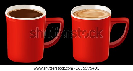 Nescafe red mug. Nescafe cup with black coffee. Coffee with milk.