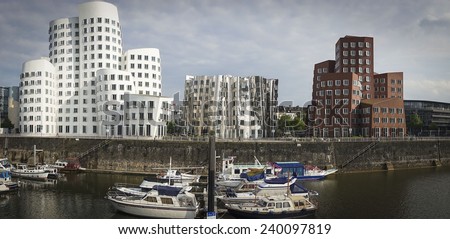 DUSSELDORF, GERMANY - MAY 13: Media Harbor in Dusseldorf, Germany. Spectacular post-modern architecture in the Hafen district by Frank Gehry on MAY 13, 2014.