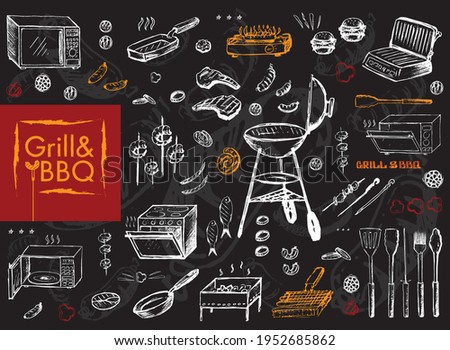 Set of vector icons. Grill and barbecue. Equipment for frying, grill, stove, microwave, pans, appliances, tongs. Food grill and BBQ, shish kebab, meat steak, fish, sausages, vegetables. Chalk drawing.