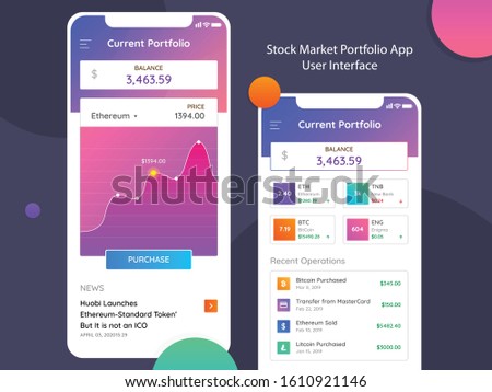 A Super Simple Minimal Stock Market Portfolio App User Interface. Forex trading App suitable for financial investment concept. Economy trends background. Abstract finance background.