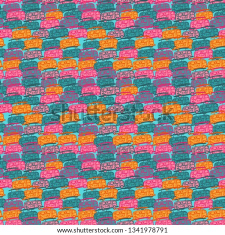 Summer blue background with buses. Summer buses. Coffee machine. Summer ​​background. Sticker of summer elements. 
Seamless pattern with multi-colored buses. Seamless buses background