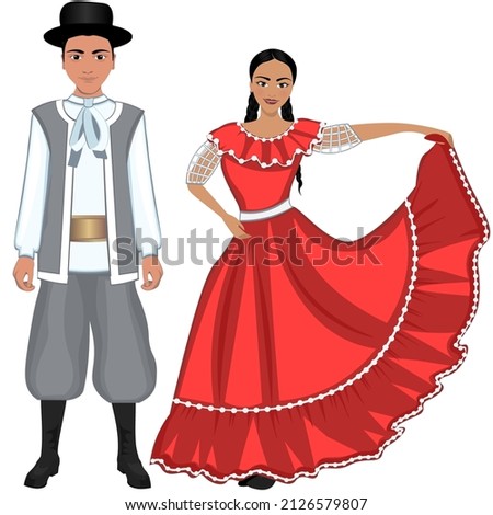 Man and woman in national Paraguayan costumes. Vector illustration