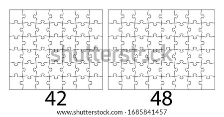 Set of forty two and forty eight puzzle pieces. Puzzle with different types of details and the ability to move each part. Black and white vector illustration.