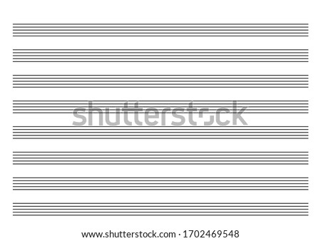 Note paper for musical notes isolated on a white background. Real size A4 format for print. Horizontal music books. Five-line staff without key. Vector Illustration on isolated white background. 