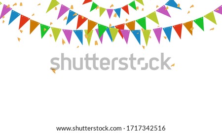 Colorful Party Flags And Confetti. Holiday Festival Design for Greeting Card, Invitation or Poster. Celebration & Party.Surprise Banner. Festa Junina Brazil. Stock vector Illustration on isolated bg. 