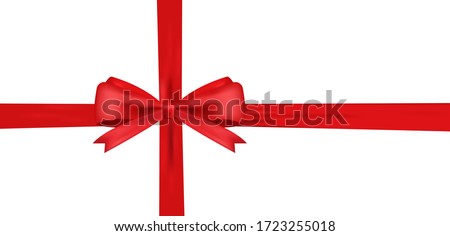 Realistic Red bow and horizontal ribbon shiny satin for decoration gifts, greetings, holidays. Stock vector illustration isolated on white background.