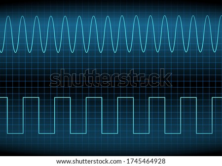Square wave and sine wave on the oscilloscope. The voltage waveform. A sound wave of light on a dark background. Turquoise color. Stock vector illustration.