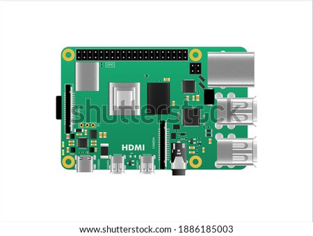 Realistic raspberry pi model B board detailed illustration of the top view. For education. Stock vector illustration on white isolated background.