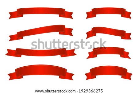Set of realistic red ribbons with gold line. Satin decorative element. Flat ribbons for design, discount offer and gift. Blank decor with copy space. Stock vector illustration on white isolated bg.	