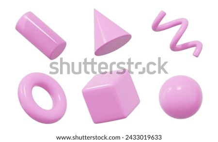 3d set pink geometric shape: square, cylinder, sphere, torus,  cone, spiral. Plastic simple figures with grid for your design. Stock vector illustration on isolated background.