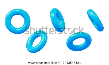 3d set of blue torus symbol or icon with different angles. Geometry figure tor form. Stock vector illustration on isolated background.	
